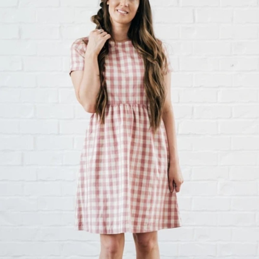 Shabby Apple Kai Check Linen Blend Dress‎ S Pink Ivory Short Sleeve